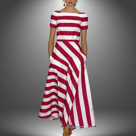 Elegant long dress with striped pattern and short sleeves