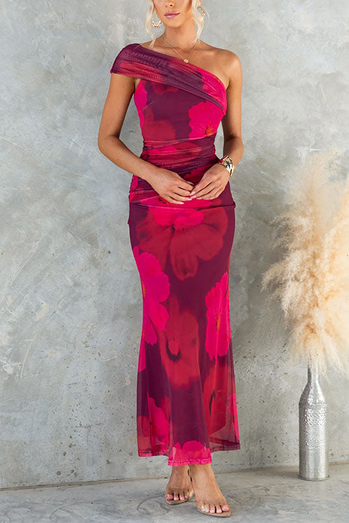Asymmetrical long dress with elegant floral print