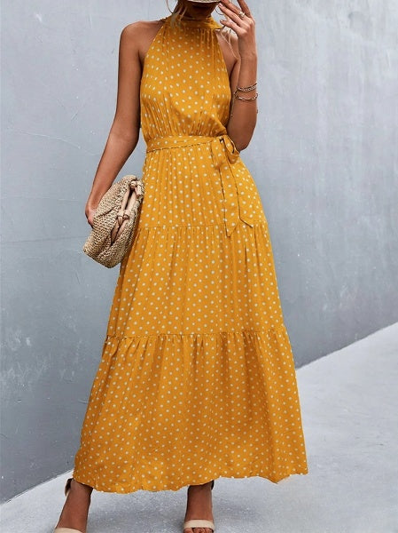 LD Best-selling jumpsuit dress with straps and halter neck with wavy polka dot print