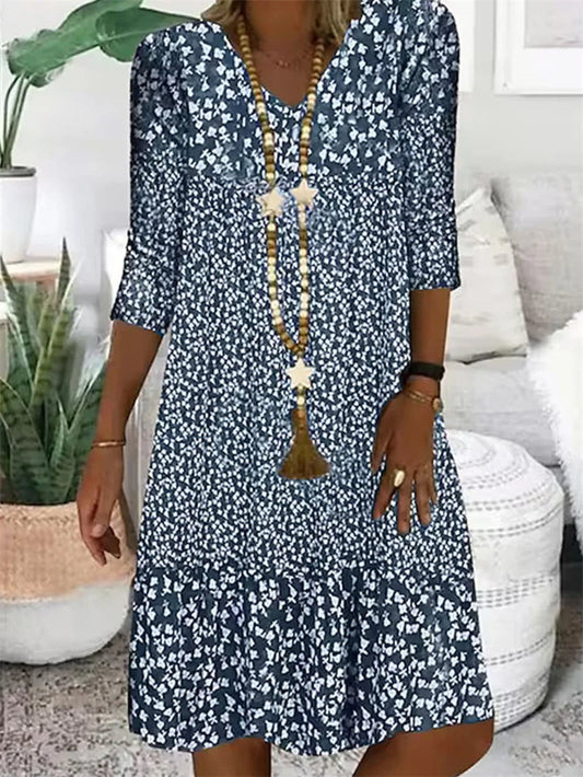 Mia | Boho Midi Dress – Casual Loose Fit with V-Neck and 3/4 Sleeves