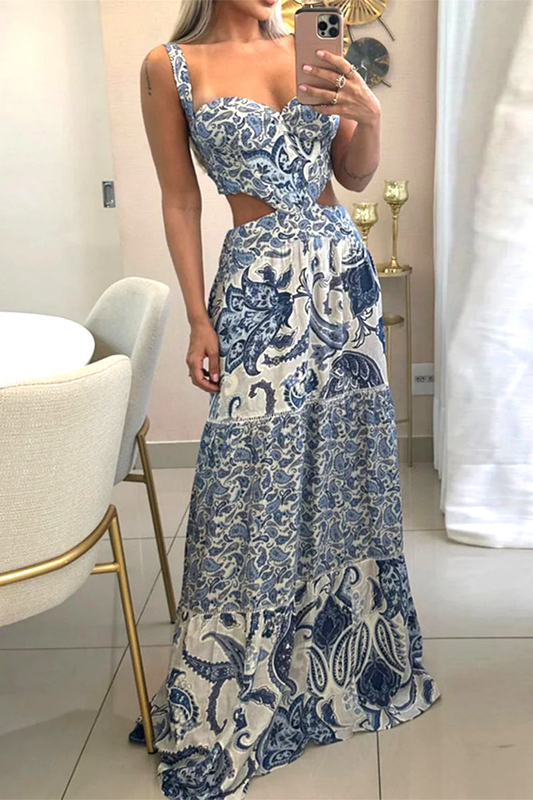 Backless Bohemian Printed Dress with V-neck Printed Dresses