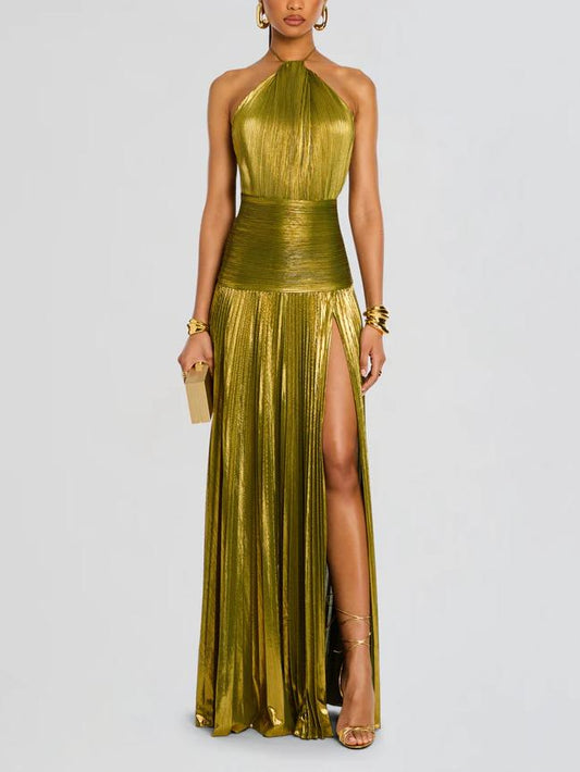 LD Long dress Thalia in metallic peridot