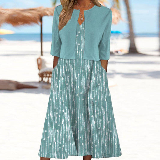 Midi dress with leaf motif and matching jacket for a complete look
