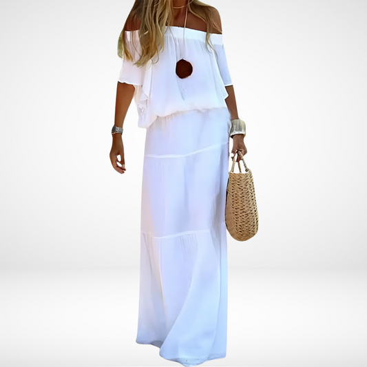 LD | Elegant white off-the-shoulder maxi dress for the beach
