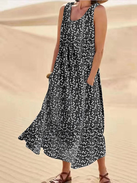 LP | Emma - Sleeveless pocket dress with round neckline, large, swinging floral dress, size L