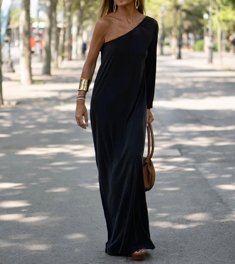 LP | Dress with diagonal shoulders, single-color