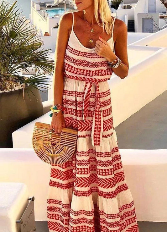 Bohemian Geometric Print Strapless Dress with V-Neck
