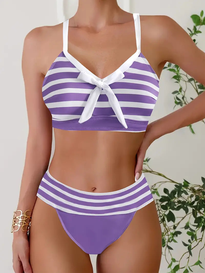 Sexy striped print bow V-neck bikini