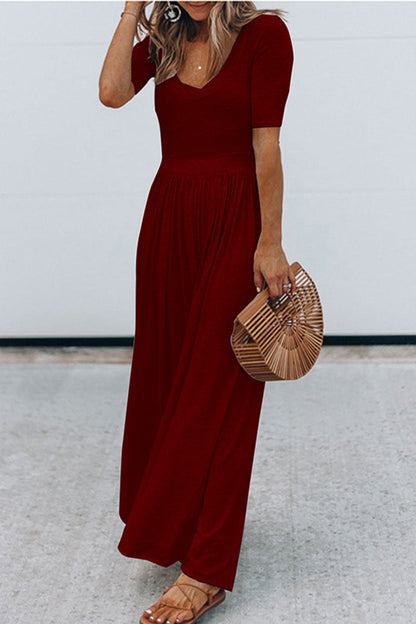 round neck short sleeve long jumpsuit with high waist