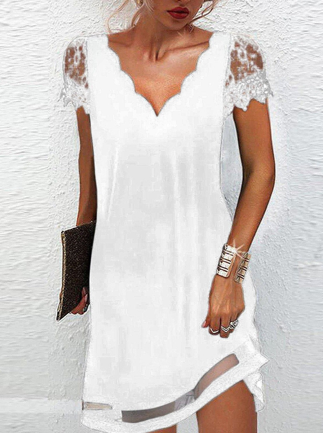 LD | Wavy V-neck chiffon dress with short sleeves
