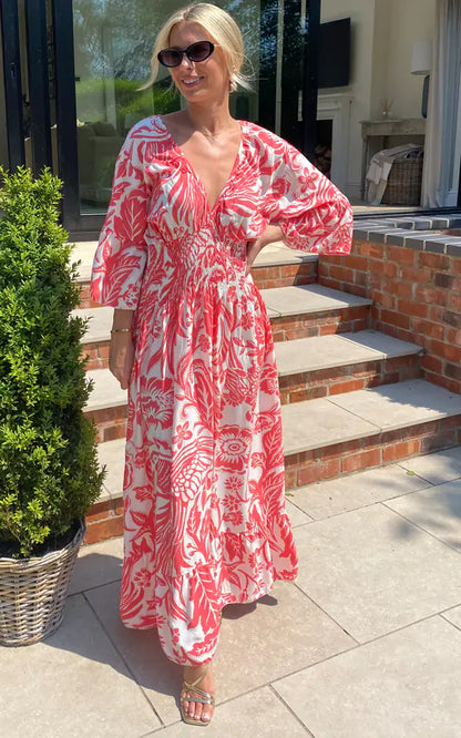 LD Long dress with V-neck and floral print in blue and white