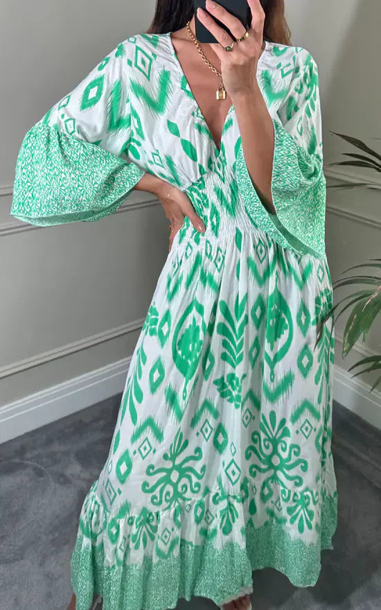 LD Long dress with V-neck and floral print in blue and white