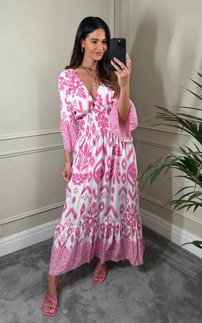 LD Long dress with V-neck and floral print in blue and white