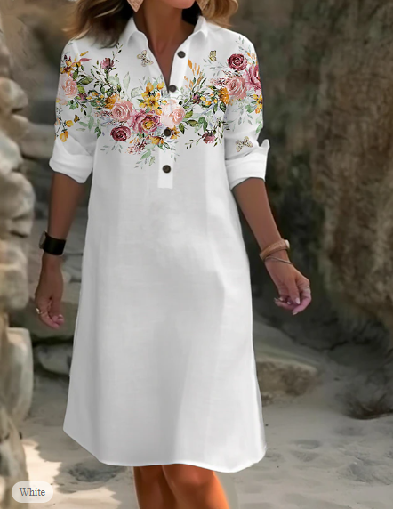 LP | Linen and cotton dress with floral print and button closure