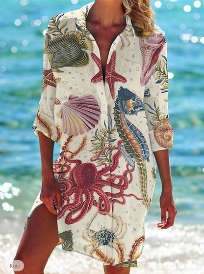 LP | Linen dress with pockets and sea animal print