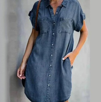 denim leisure dress with short sleeves