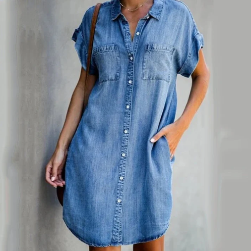 denim leisure dress with short sleeves