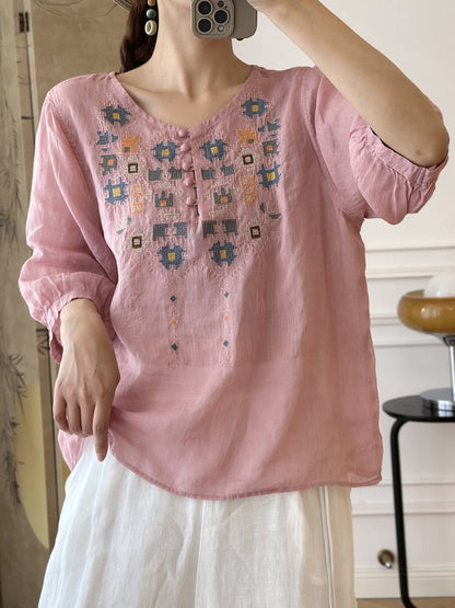 LP | Women's summer shirt in ramie with ethnic embroidery