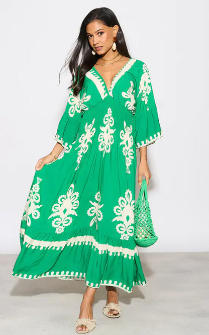 LD Long dress with V-neck and floral print in blue and white