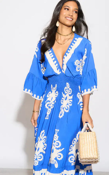 LD Long dress with V-neck and floral print in blue and white