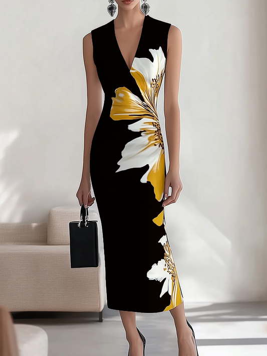 LD Long sleeveless dress with V-neck and floral print