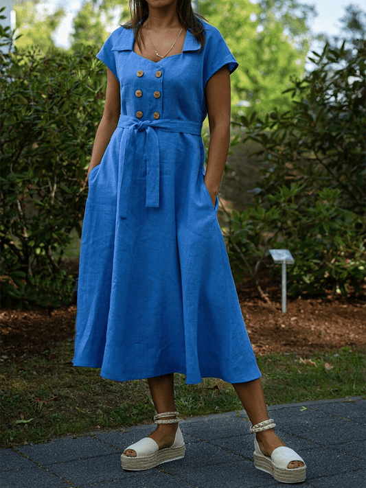 casual ladies dress with two pockets and lapels in one color