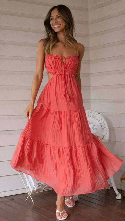 Sleeveless maxi dress with seams and ruffles