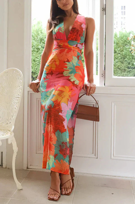 Printed maxi dress with V-neck and high waist