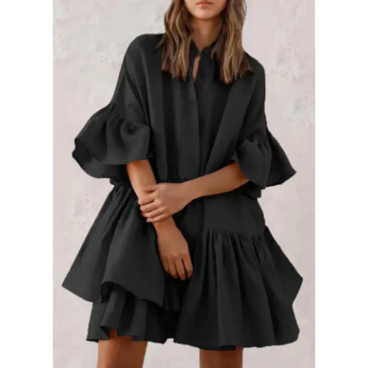 LD Casual monochromatic dresses with V-neck and pastel-colored skirt