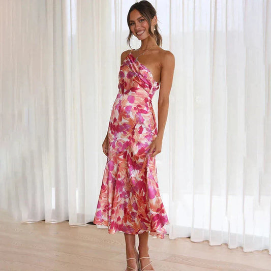 LD Midi dress with floral print and asymmetrical design with one shoulder