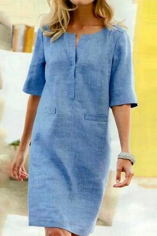 Kathy straight dress of linen and cotton with half-sleeves