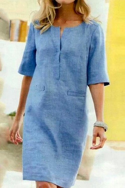 Kathy straight dress of linen and cotton with half-sleeves