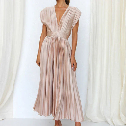 Pleated midi dress with V-neck and elegant short sleeves