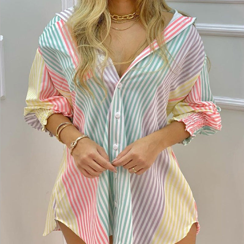 Striped summer dress for ladies with V-neck and long sleeves