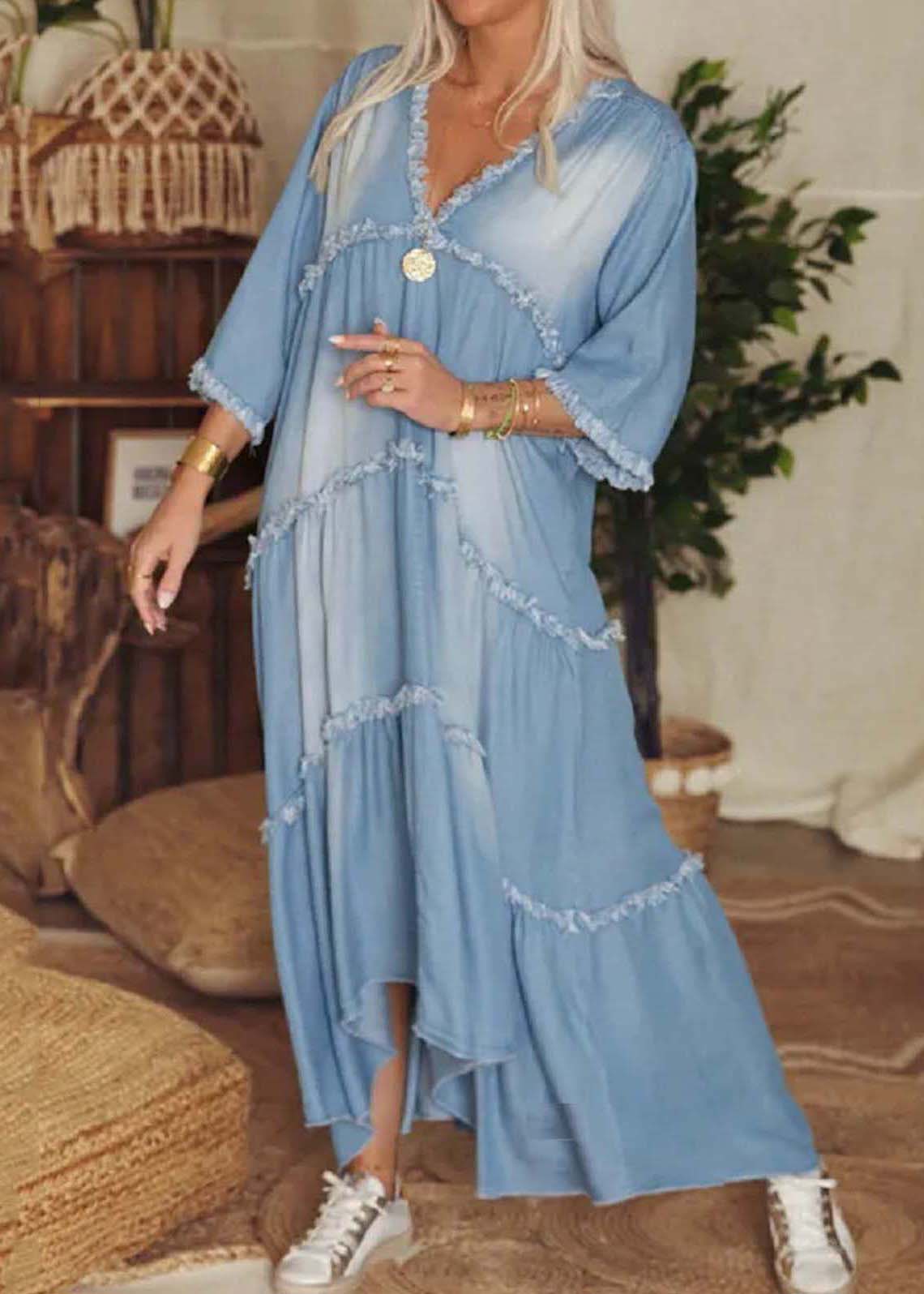 LP | Chic navy blue Patchwork denim v-neck with tassels Long dress with half sleeves