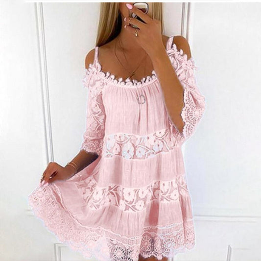 Loose suspender dress with half-sleeves and floral print