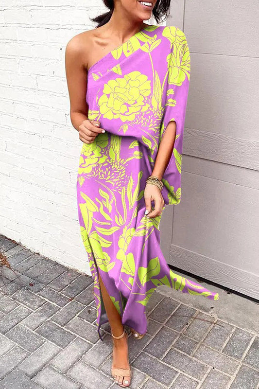 Asymmetrical long dress with elegant print and side slit