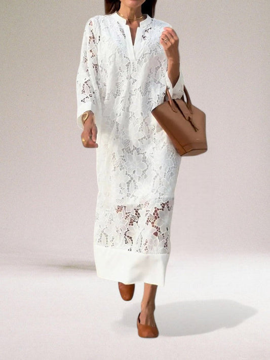 Elegant long dress with classically-inspired openwork details