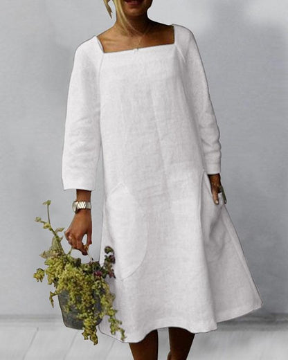 LP | Plain linen midi dress with 3/4 sleeves and square neckline