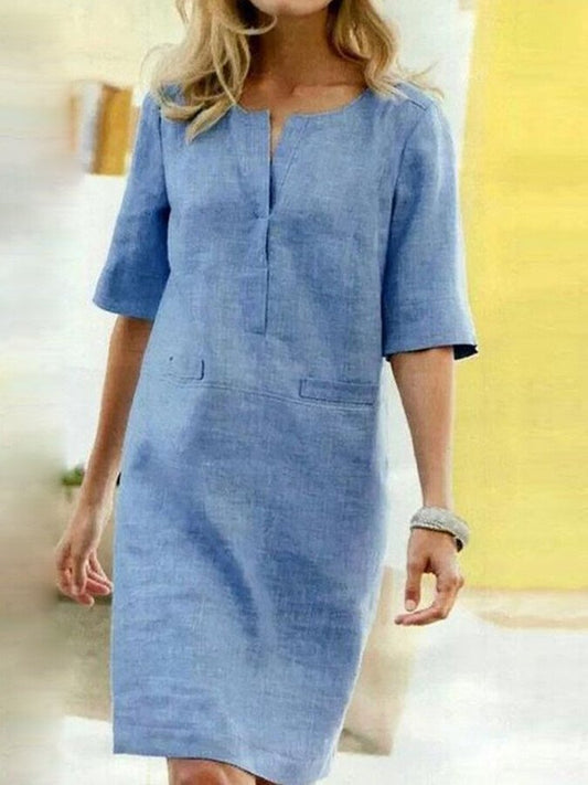 Chic cotton linen ladies dress with short sleeves
