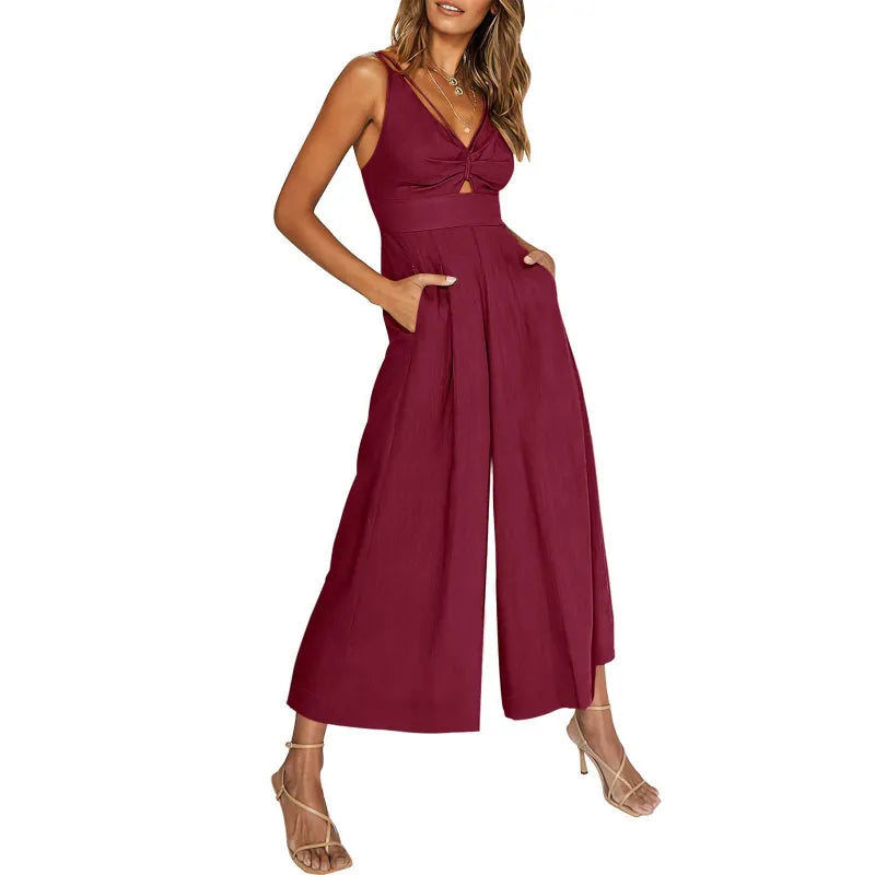 LD 2024 new jumpsuits with V-neck and wide legs