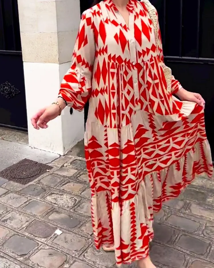 Kimy women's fashion, casual, V-neck, long-sleeved, printed dress