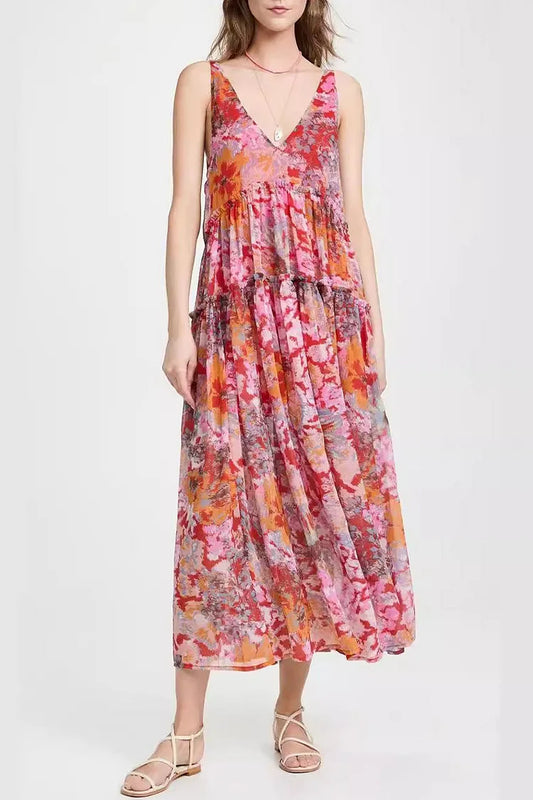 LD sleeveless dresses with pleated V-neck with flowers