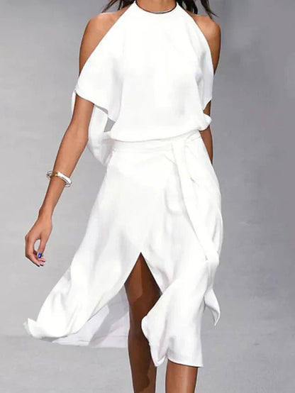 LD | Asymmetrical midi dress with bare shoulders and elegant movement