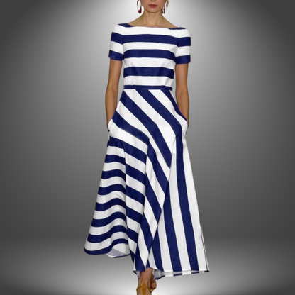 Elegant long dress with striped pattern and short sleeves