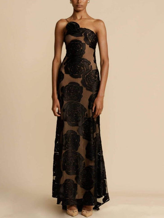 LP | Long three-dimensional floral dress with burnt flowers