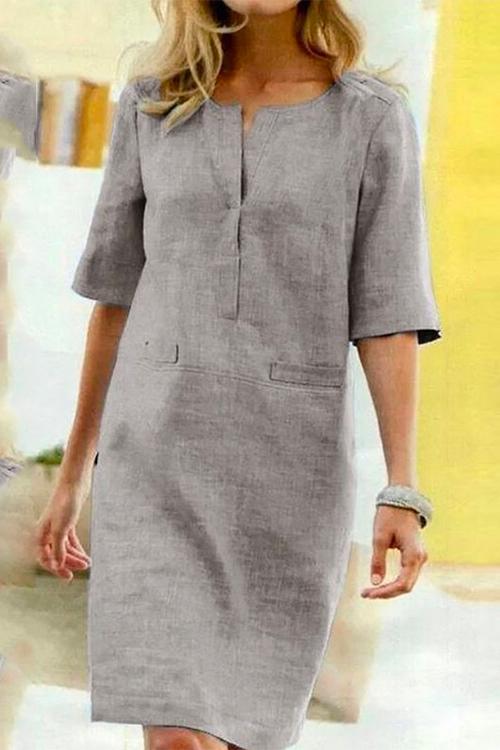 Kathy straight dress of linen and cotton with half-sleeves