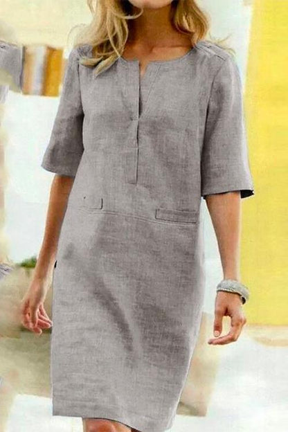 Kathy straight dress of linen and cotton with half-sleeves