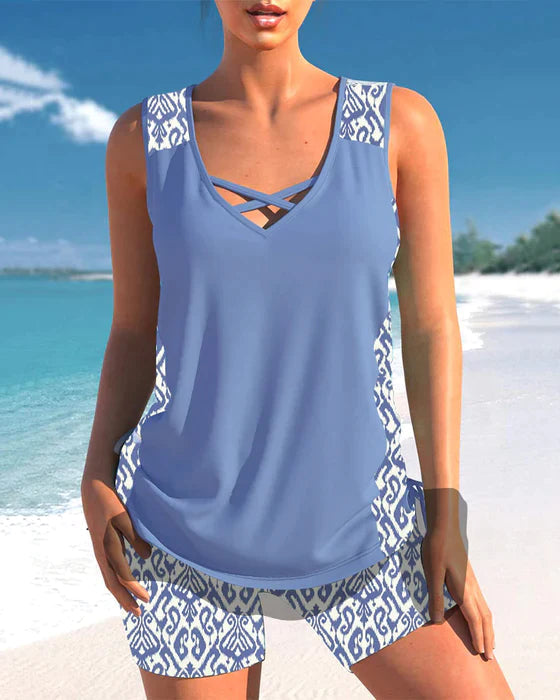 Tankini with tribal print and crossed details