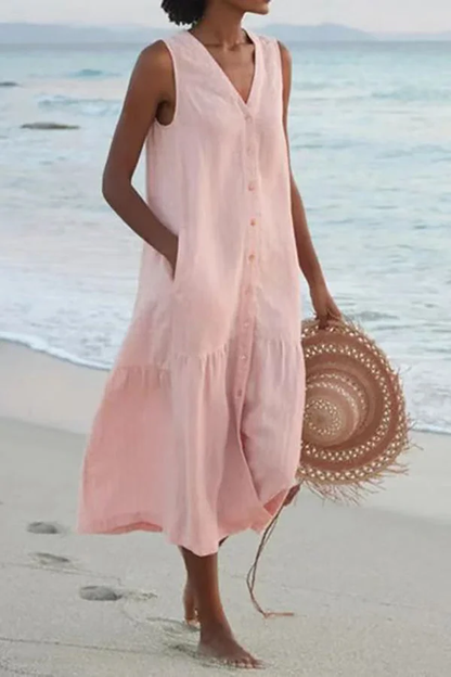 LD Long sleeveless dress with V-neckline and buttons
